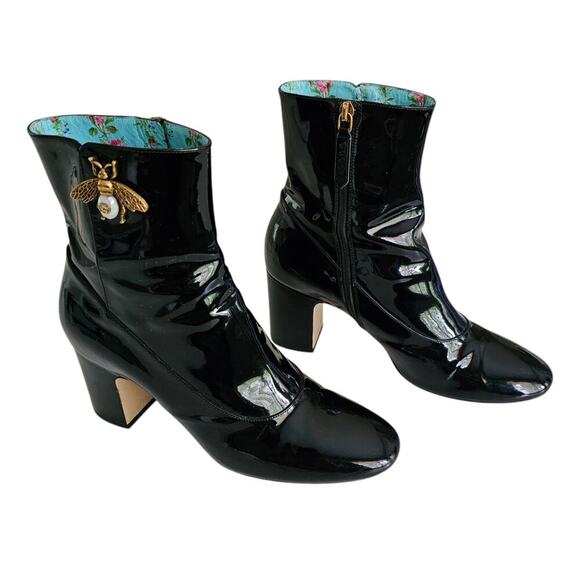 Gucci Lois Bee Block Heel Ankle Short Boot Size 38 US 8 Patent Black Leather - Picture 1 of 16